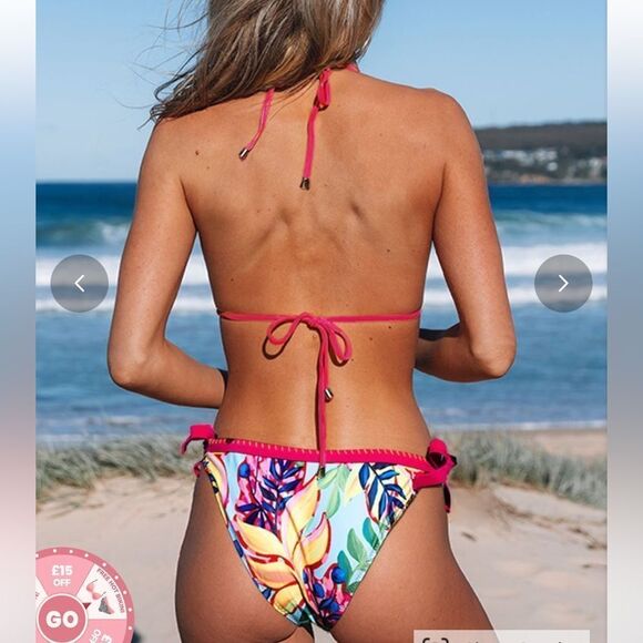 NWT KAMONI TROPICAL PRINT HALTER NECK SIDE TIE LOW RISE MICRO BIKINI LARGE - Picture 2 of 12